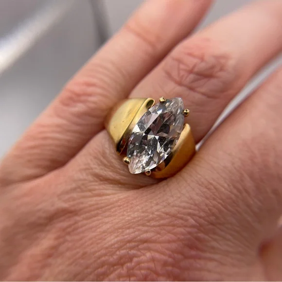 Gold marquise cut cubic zirconia solitaire ring. Size 5.75. - Picture 2 of 5